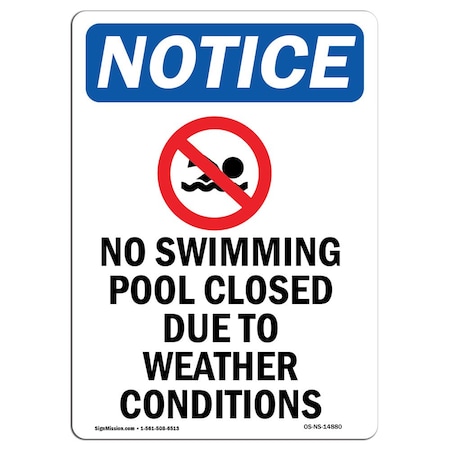 Signmission OSHA Notice Sign, 5" Height, No Swimming Pool Closed Sign With Symbol, Portrait, 10PK OS-NS-D-35-V-14880-10PK